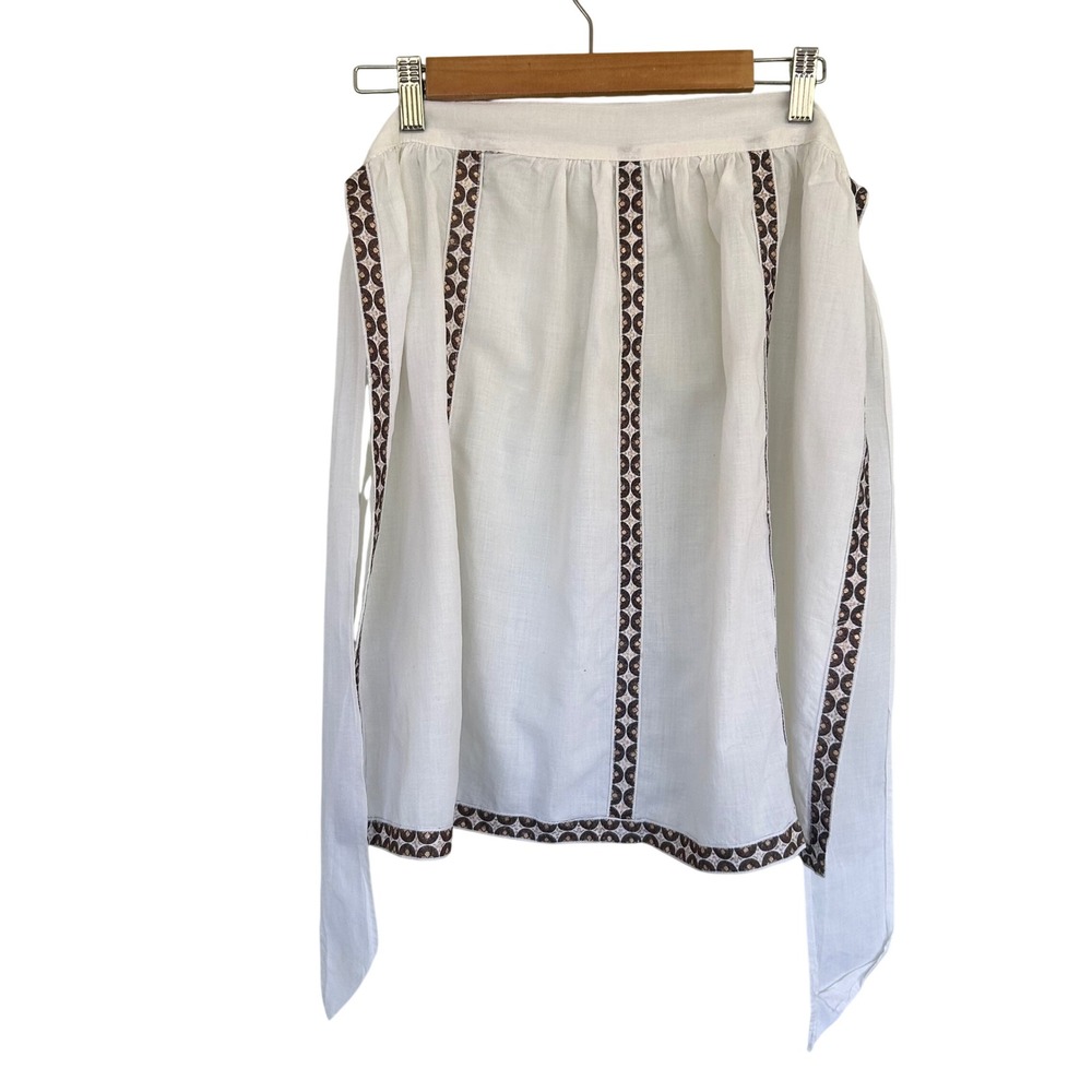 Vintage 70s Cottagecore Half Apron Women OS White Brown Gold Geometric Trim - Picture 2 of 7